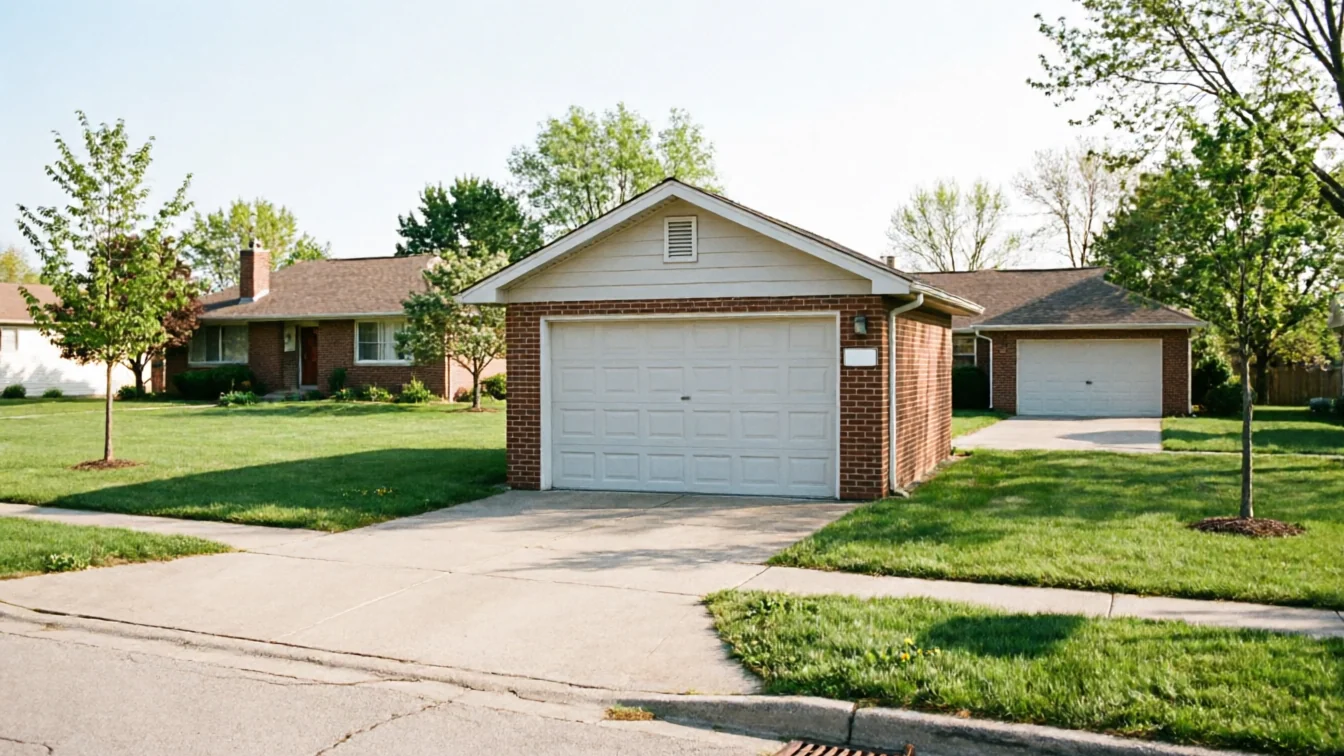 A white garage door is on a brick garage next to a house.