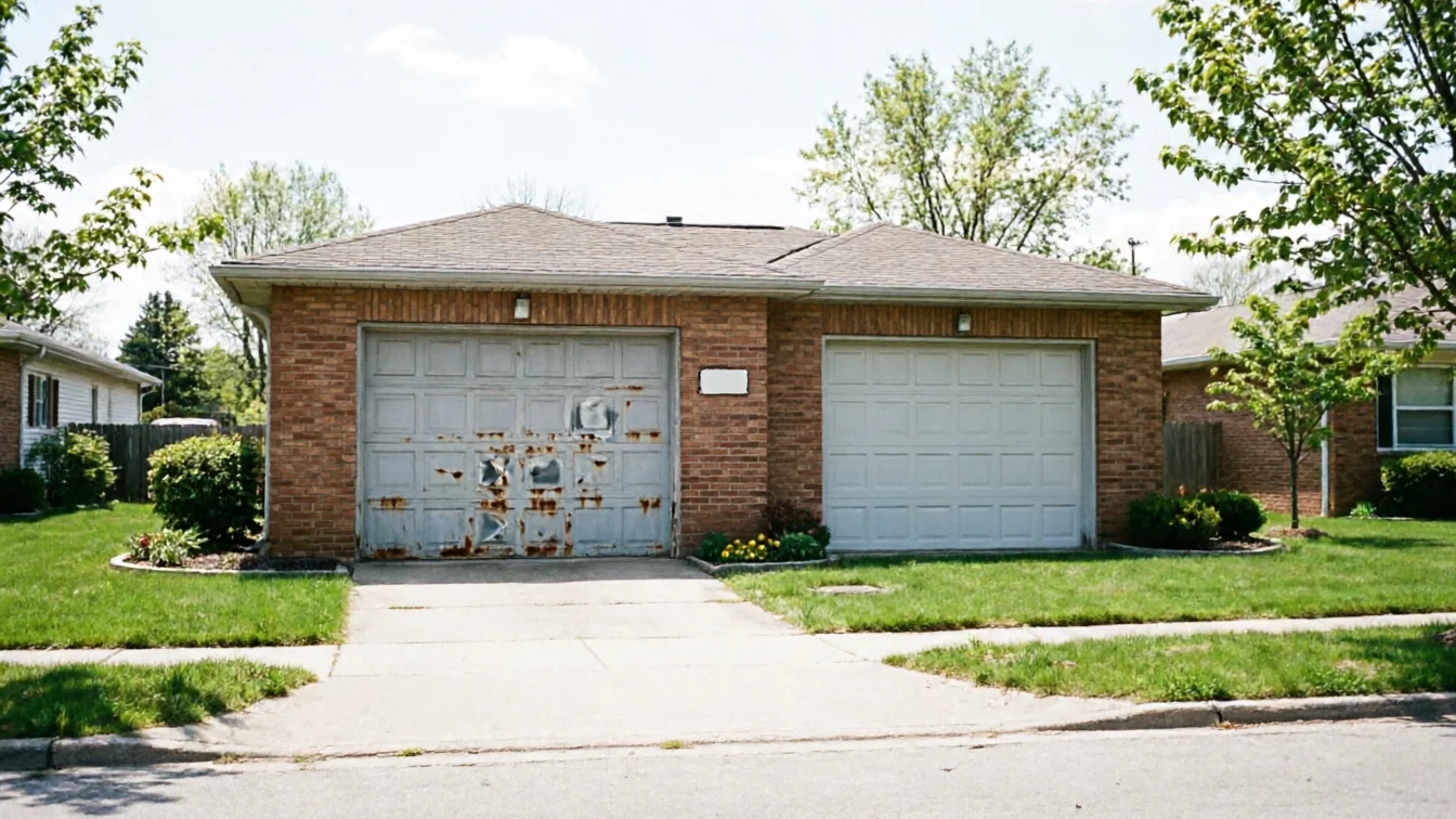 A brick house has two garage doors, one rusted and one white.