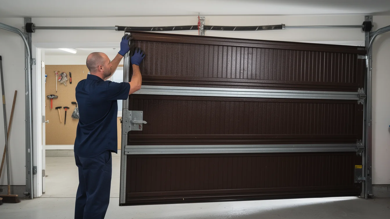 A technician in blue gloves adjusts a brown garage door.