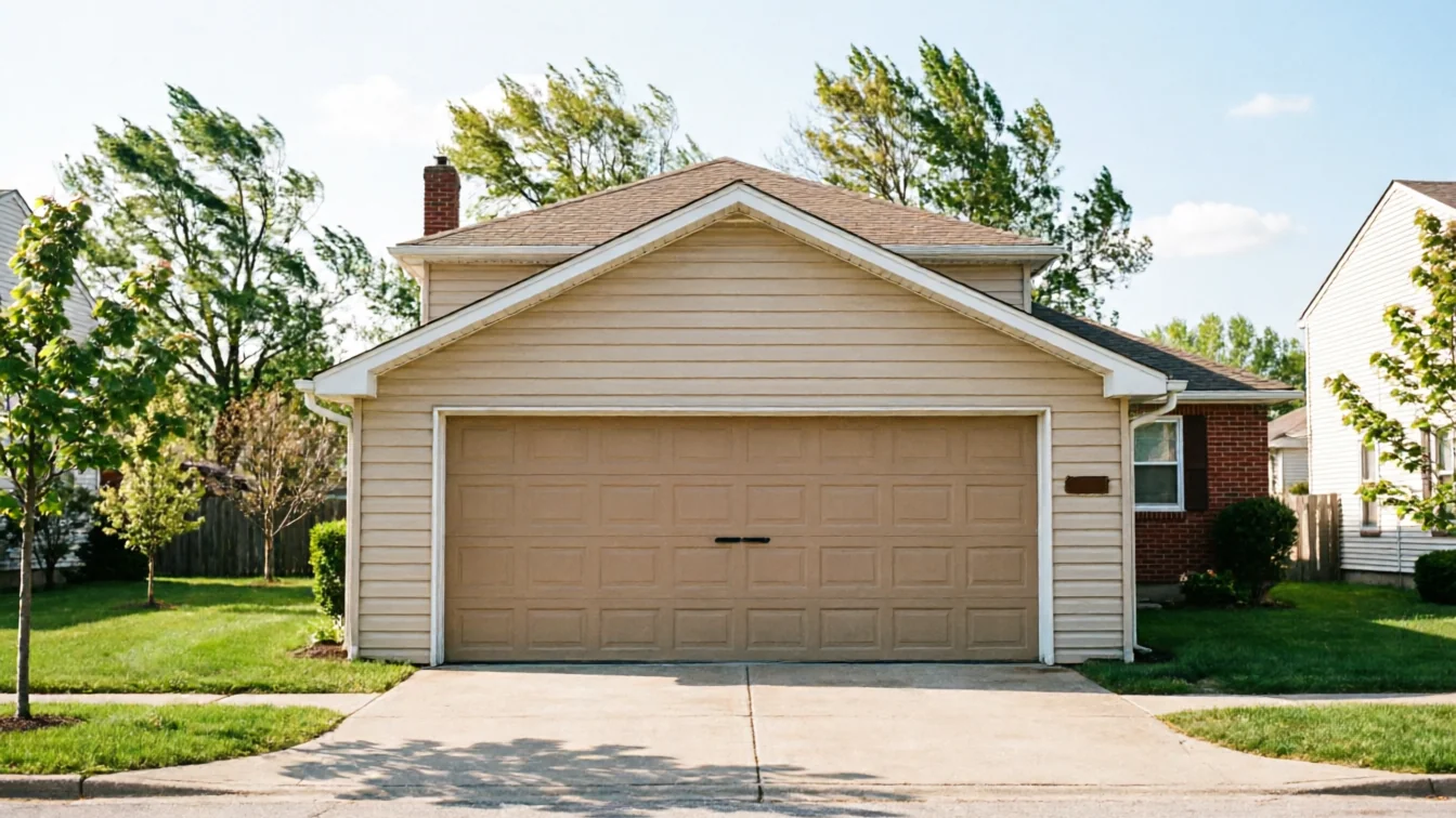 A tan house with a brown garage door and a green lawn.