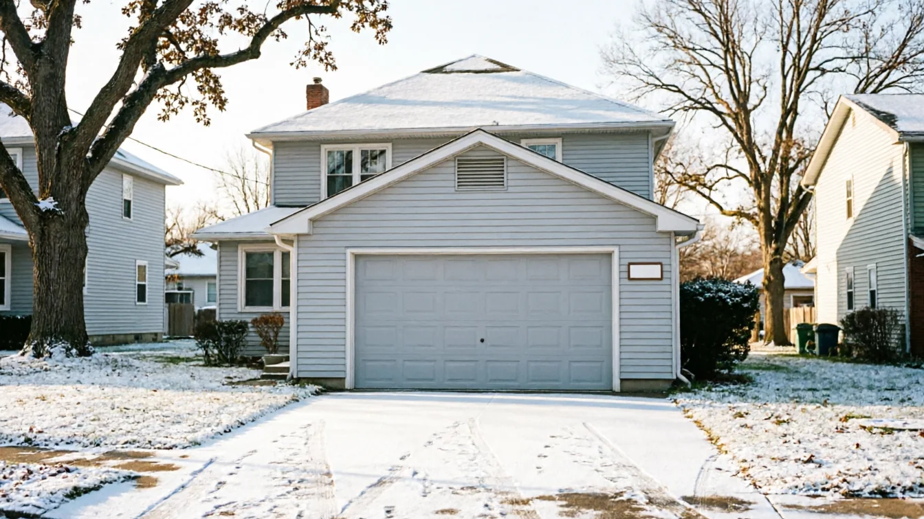 A light blue house with a gray garage door is covered in snow.