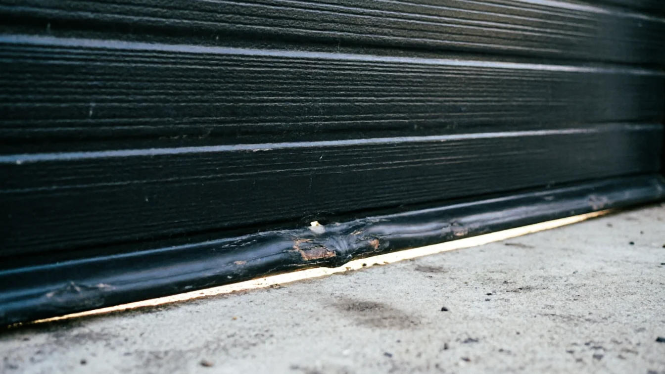 The bottom of a black garage door shows a damaged weather seal and a gap.