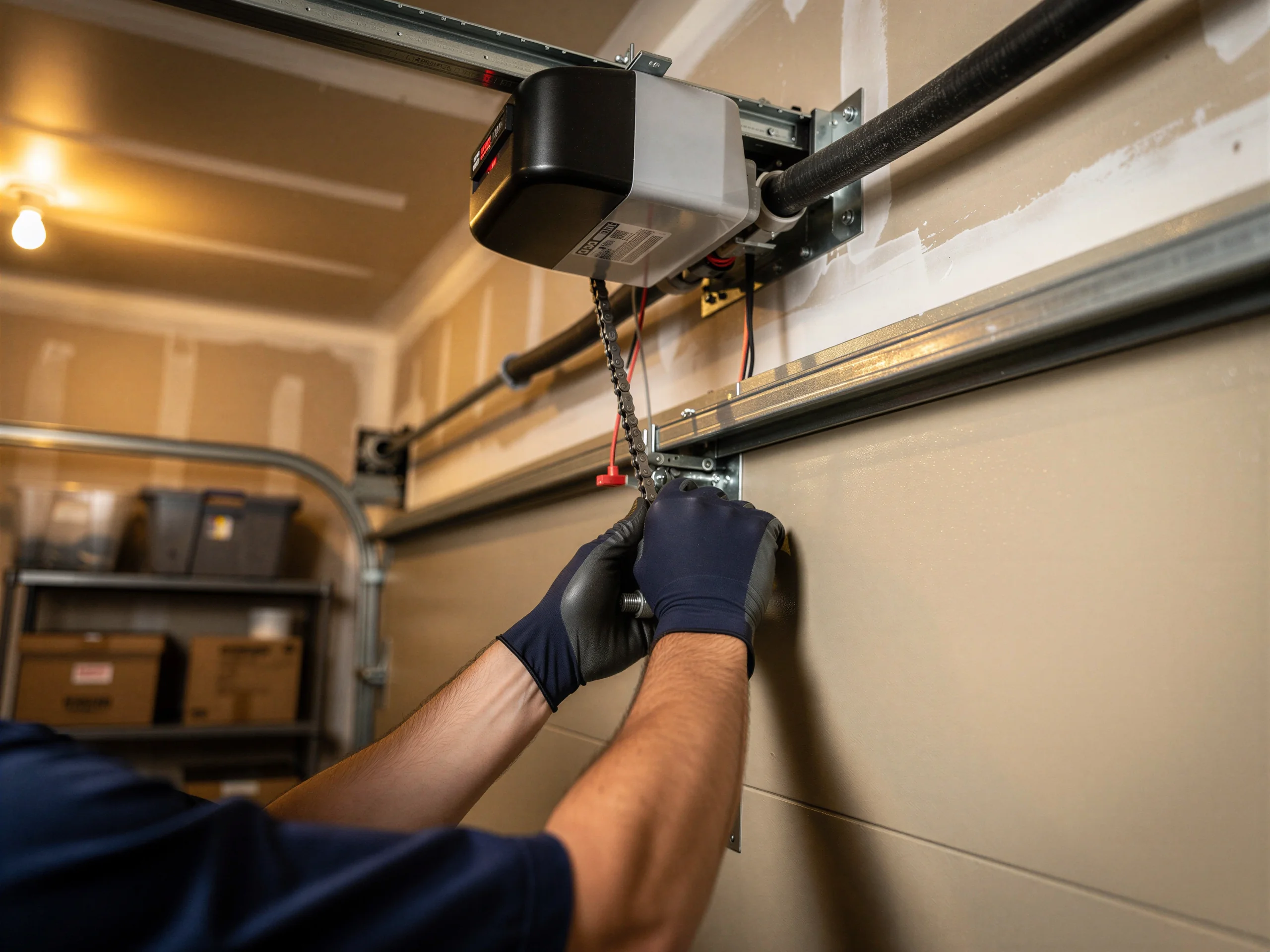 A technician in gloves works on a garage door opener and chain.
