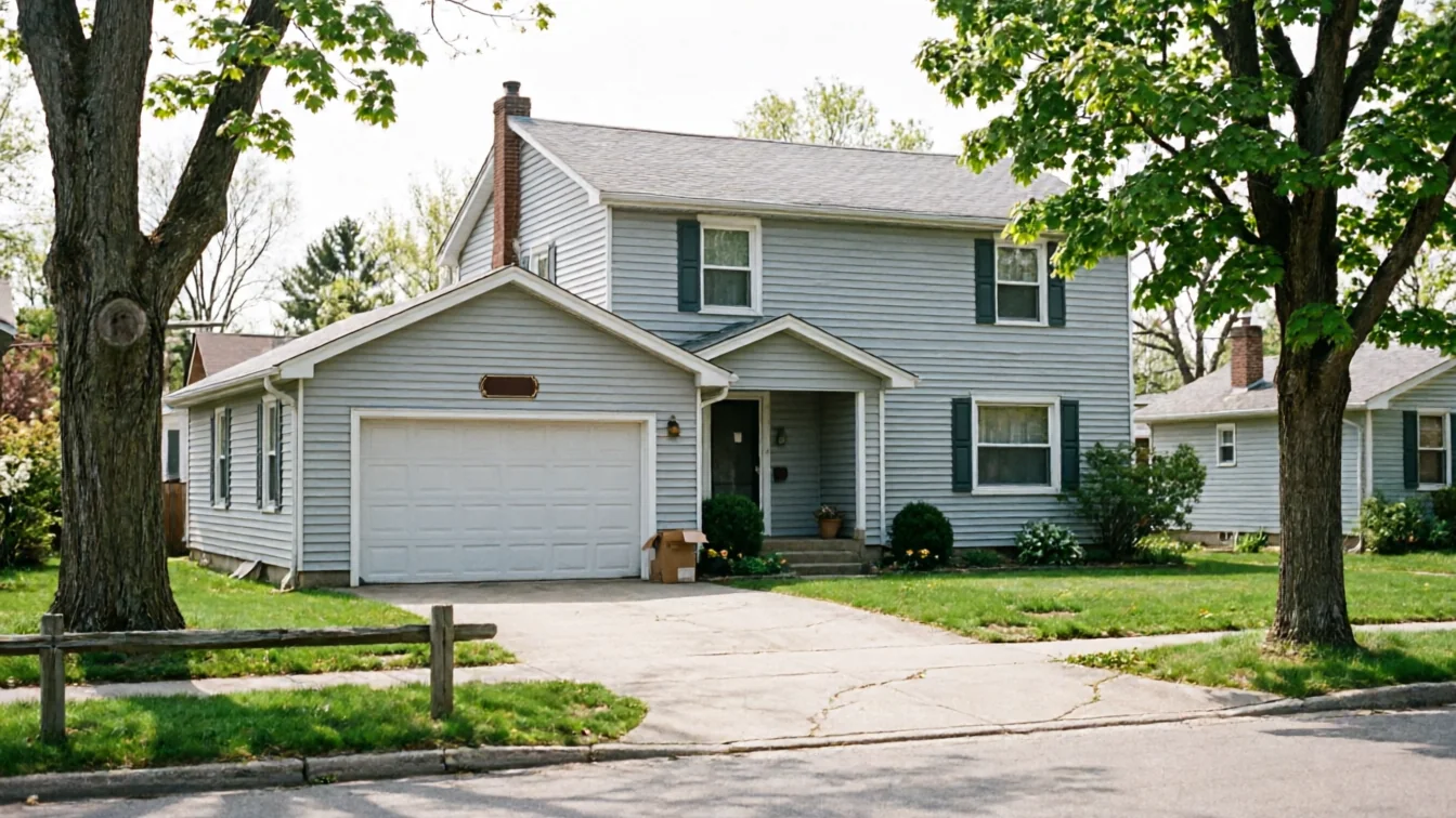 The house has light blue siding, a white garage door, and a brown front door.