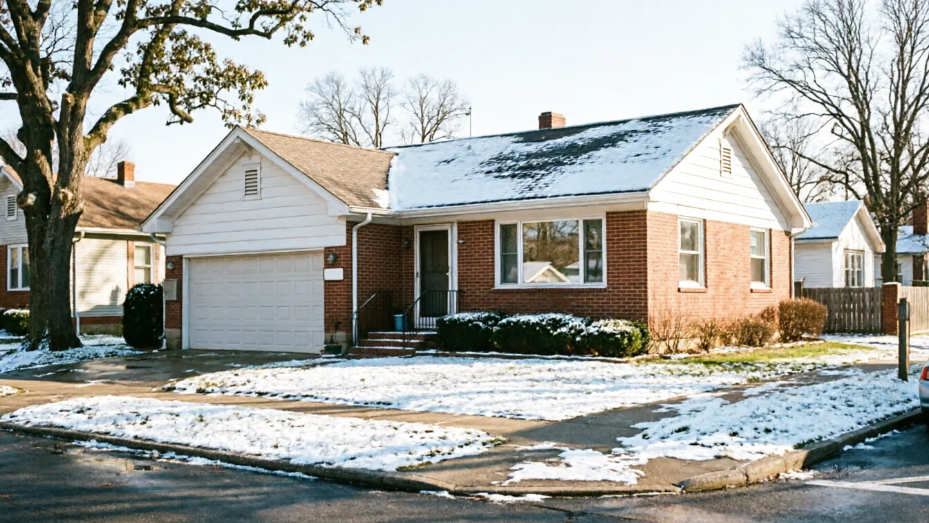 A brick house with a white garage door and snow on the roof.