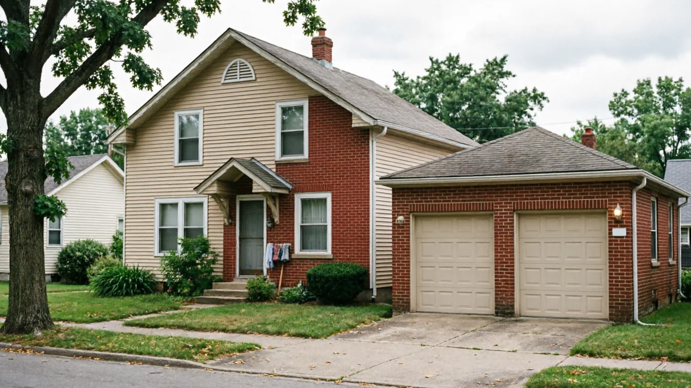 A two-story house with a detached two-car garage sits behind a tree and sidewalk.